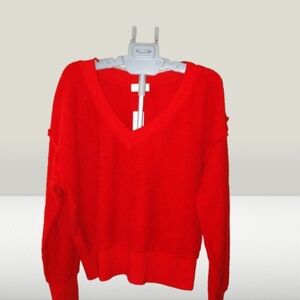 Anthropologie Tla Textured V Neck 100% Cotton Sweater Red‎ Size L NWT